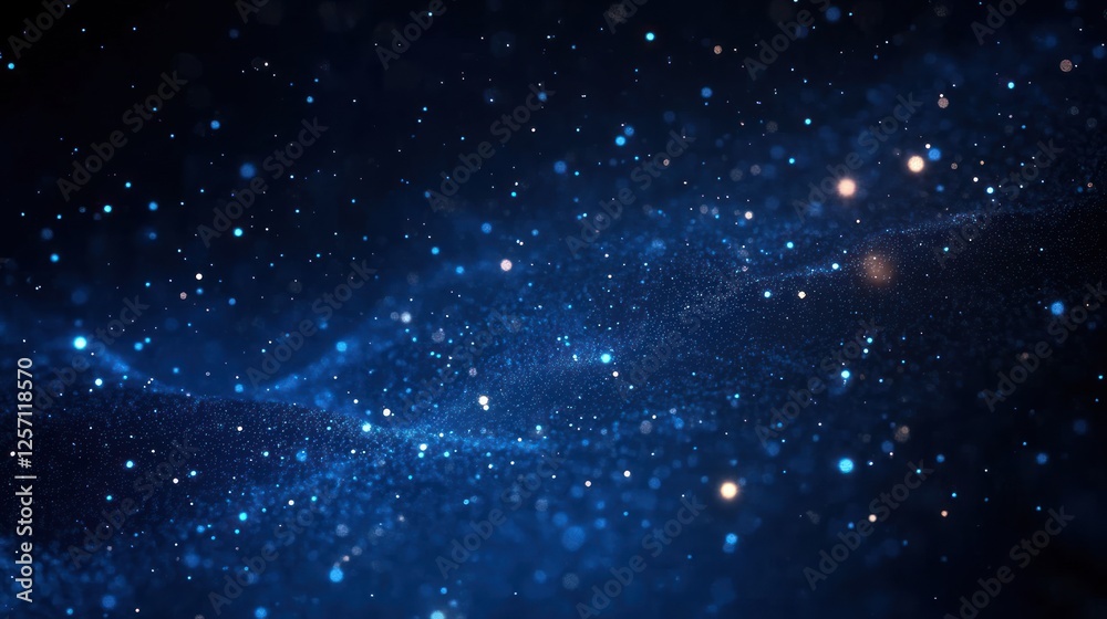 Poster abstract blue particle dust in dark background with glowing light effects and depth