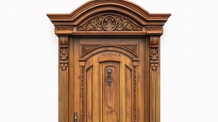 Intricate Wooden Door with Beautiful Carvings Isolated on White