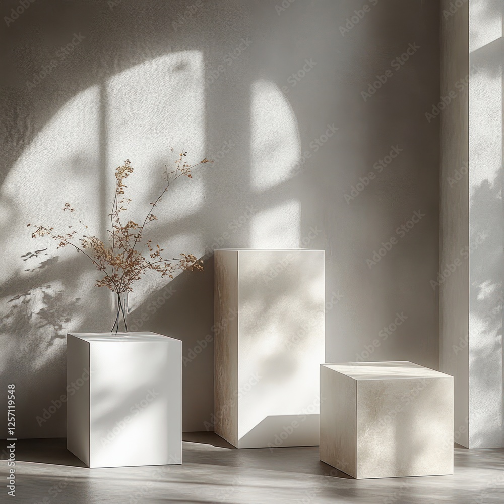 Poster minimalist geometric pedestals in soft light for product display and branding mockup