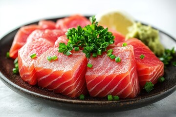 Fresh Tuna Steaks with Parsley Garnish on White Background