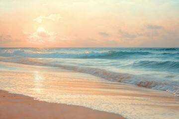 Fototapeta premium Gentle Sunrise Waves on Serene Sandy Beach with Pastel Colors