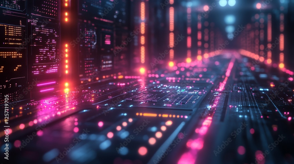 Poster cybernetic pathway: a neon-infused journey through digital infrastructure and network architecture, 