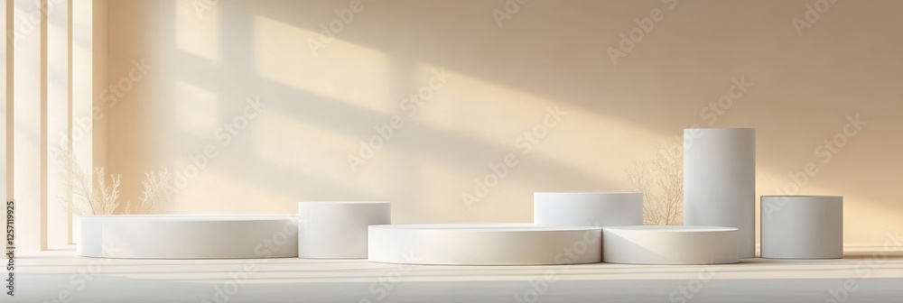 Poster minimalist product display scene with white cylindrical forms on beige background