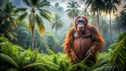 Obraz premium Majestic Orangutan Stands in Lush Tropical Jungle Amid Greenery