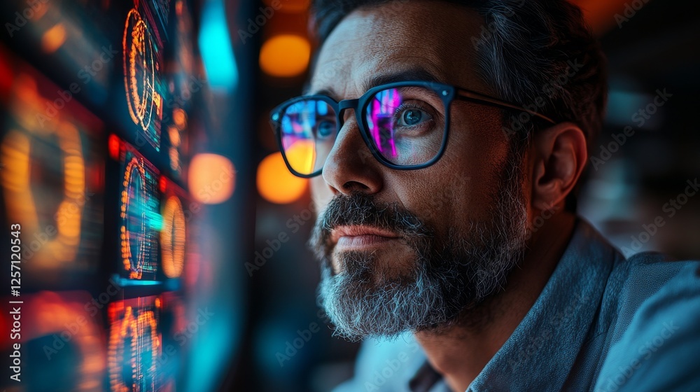 Poster Data Analyst Examining Complex Financial Data on Holographic Display, Tech Professional Reviewing Real-time Information with a Serious Expression