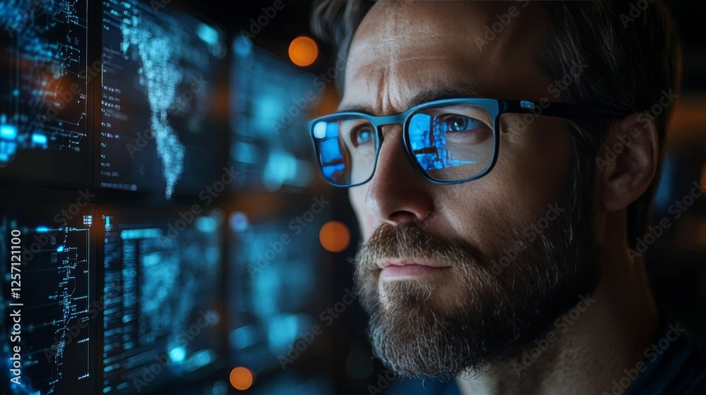 Fototapete Data Analyst Monitoring Network Security: A Focused Man with Glasses Analyzing Complex Information Displayed on Screens, Ensuring Cyber Safety
