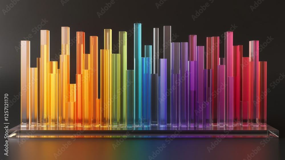 Poster D bar graph with vibrant colors, arranged in ascending order on a transparent glass base, with soft ambient lighting