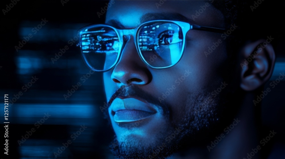 Poster Decoding the Digital: A Close-Up of an African American Man with Reflected Code in His Glasses, Bathed in Neon Blue Light, Lost in Computation.