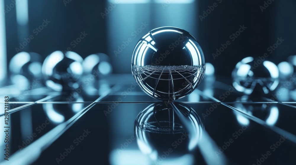 Poster D graphic spheres floating in space, with reflections and soft shadows, creating a futuristic and abstract composition on a dark canvas