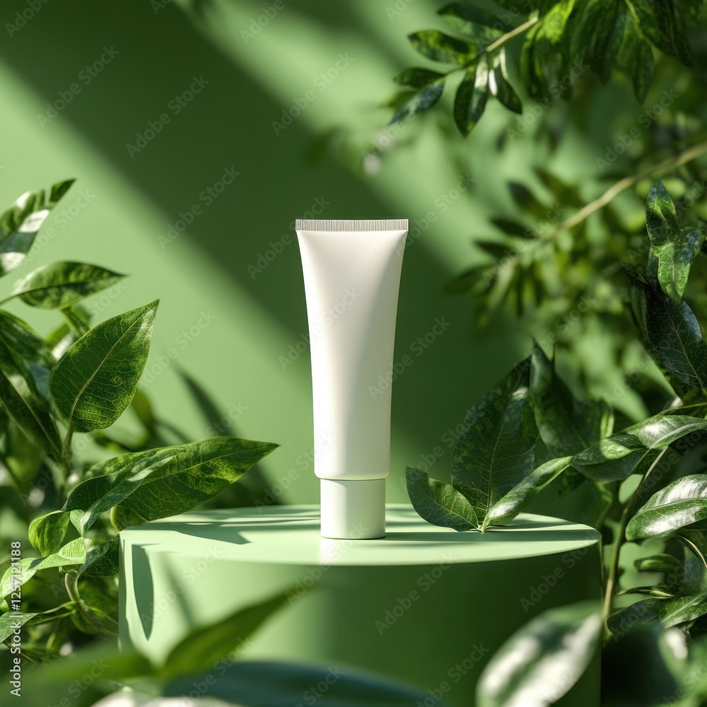 Poster minimalist cosmetic display on circular platform with green background and lush leaves
