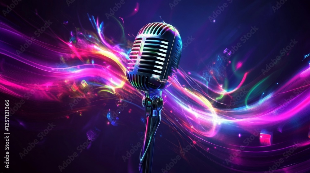 Poster An abstract image of a microphone with swirling colors and lights, creating a vibrant atmosphere that symbolizes energy and creativity in music