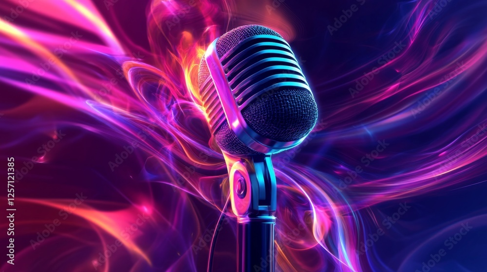 Poster An abstract image of a microphone with swirling colors and lights, creating a vibrant atmosphere that symbolizes energy and creativity in music