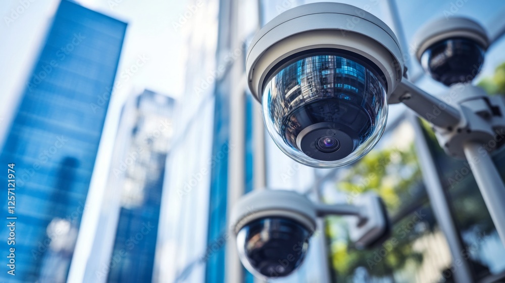 Poster An artistic shot of multiple CCTV cameras positioned at various angles on a building exterior, showcasing their design and functionality in an urban environment
