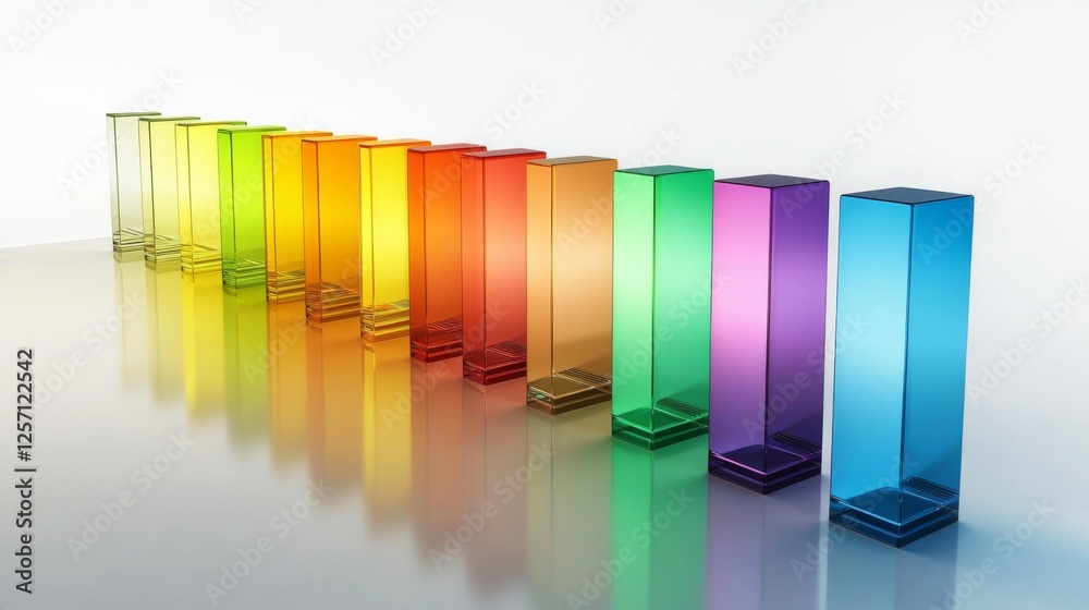 Fototapete Array of rainbow-colored D bars in a row, gradually increasing in height, with smooth shadows and reflections