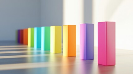 Fototapeta premium Array of rainbow-colored D bars in a row, gradually increasing in height, with smooth shadows and reflections