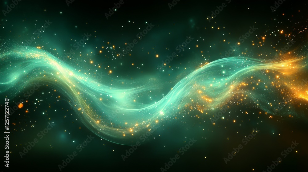 Aufkleber Emerald Cascade: A Luminous Nebula of Cosmic Particles Streaming Through the Void, Intertwined with Golden Light and Sparkling Star Dust, Amidst the Dark Depths of Space.
