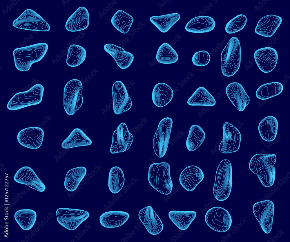 Poster a blue background with many different shaped rocks scattered across it. the rocks are all different 