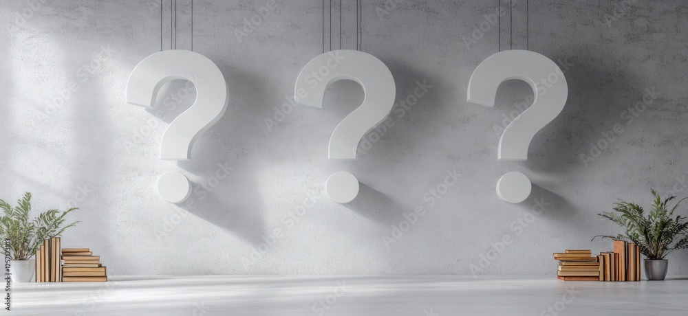 Poster Minimalist Design with Three Large White Question Marks on Gray Background
