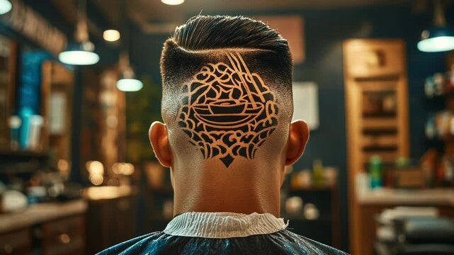 A stylish back view of a man with an artistic haircut design.