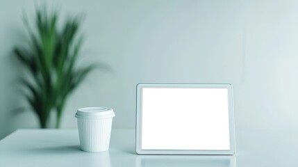 Fototapeta premium Marketing analytics data personalization concept. Blank tablet and coffee cup on a minimalistic table with greenery.