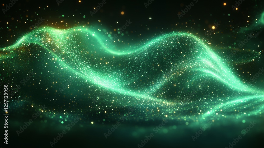 Poster Ethereal Emerald Dust: A Mesmerizing Wave of Sparkling Particles Illuminating the Darkness with Green and Gold Glitter, Creating a Dreamy Abstract Landscape