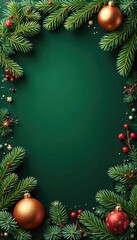 Frosty Evergreen border with gold pine branches and ornaments, ornament, greenery