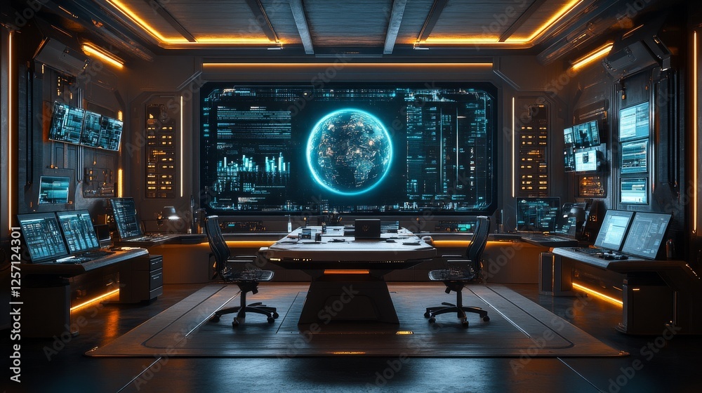 Poster futuristic control room: monitoring earth data on a large screen in a high-tech environment with com