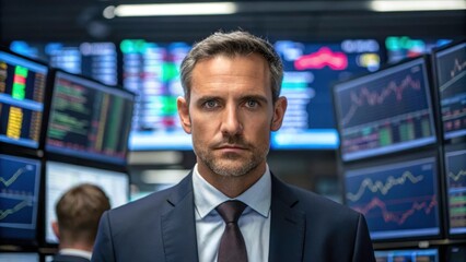a businessman stares intently at a monitor displaying stock market data in the trading room, a portrait of focus and determination in the face of financial challenge