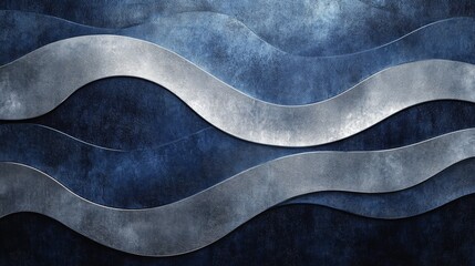 Metallic waves overlap on a textured navy blue background