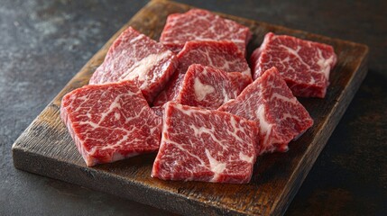 Fototapeta premium A close-up of a selection of fresh cuts of beef arranged on a wooden cutting board, showcasing the marbling and vibrant red color of the meat against a rustic backdrop