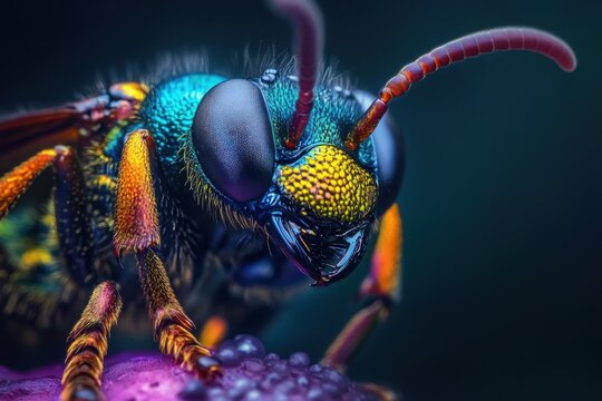 the beside view of Digger Wasp Bee left side view, Full body view, Isolated on dark Background