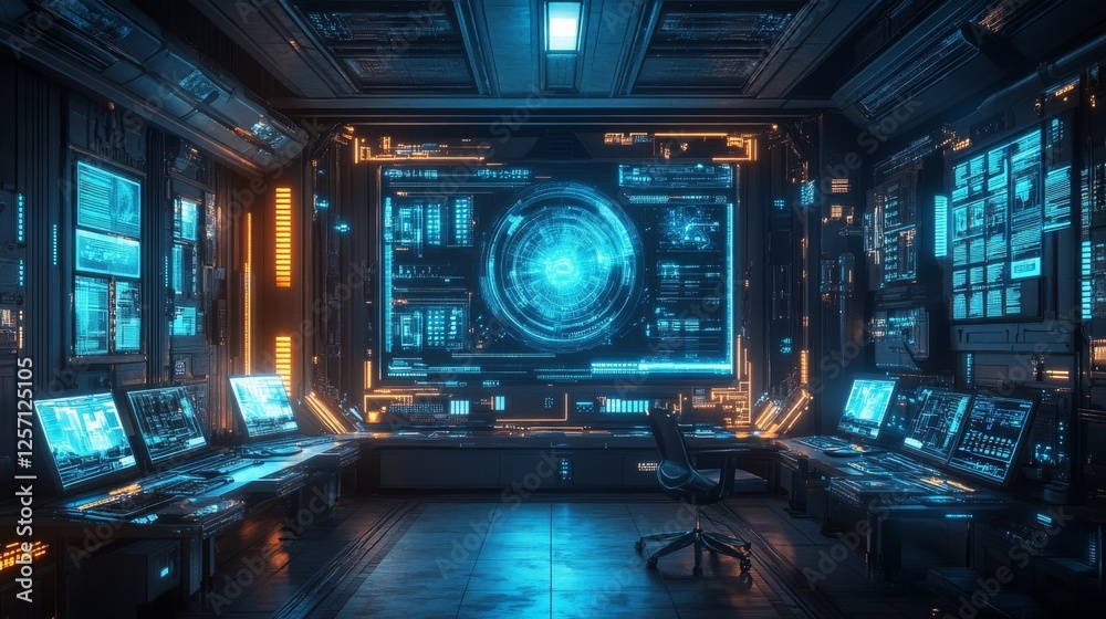 Aufkleber futuristic cyberpunk control room: a high-tech hub with glowing screens displaying complex data and 