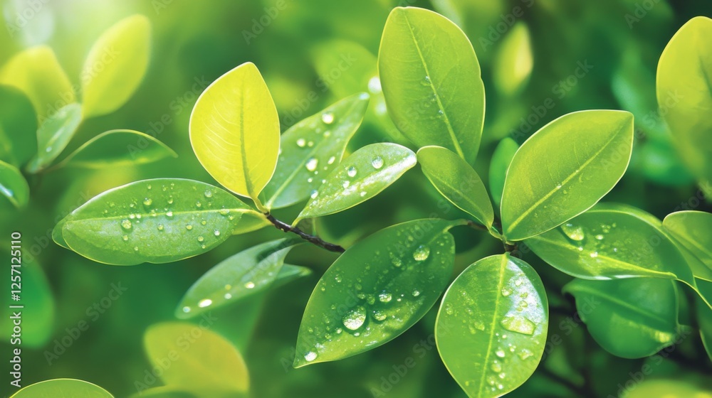 Poster a close-up of mangrove leaves with water droplets, capturing the details of their texture and color 