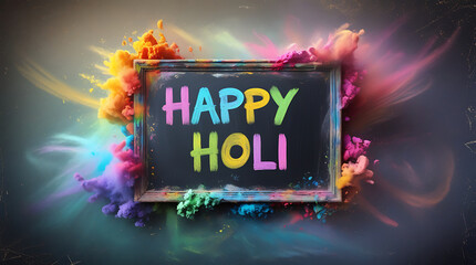 Vibrant Happy Holi Chalkboard with Colorful Powder Explosion.