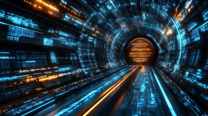 Digital tunnel data stream, futuristic tech, background glowing, website header