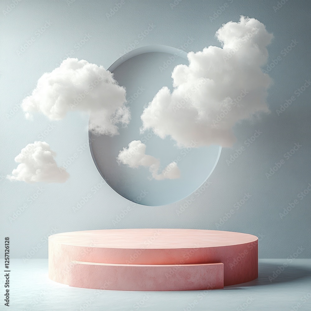 Poster Minimalist Abstract Scene Floating Platform with Clouds for Product Display