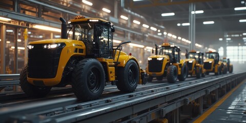 Fototapeta premium a line of yellow tractors in a factory