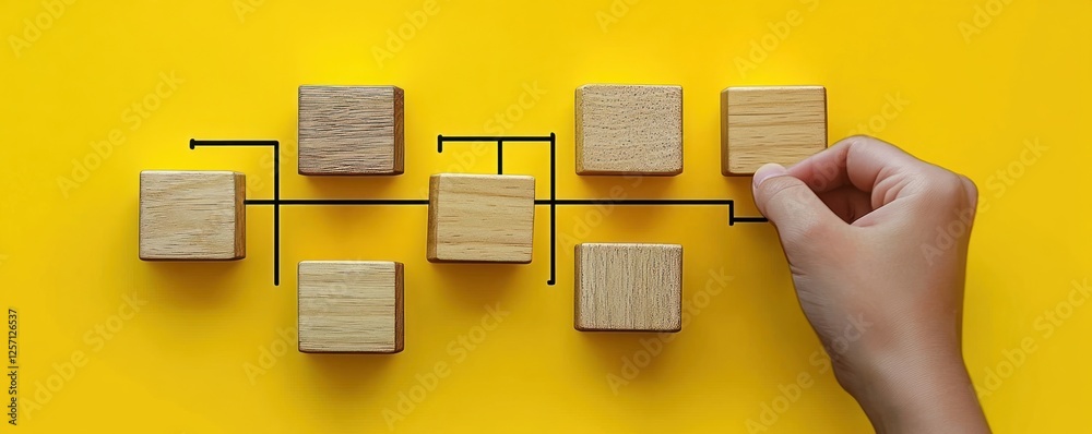 Aufkleber Workflow Automation and Business Process Optimization with Wooden Block Flowchart on Yellow Background