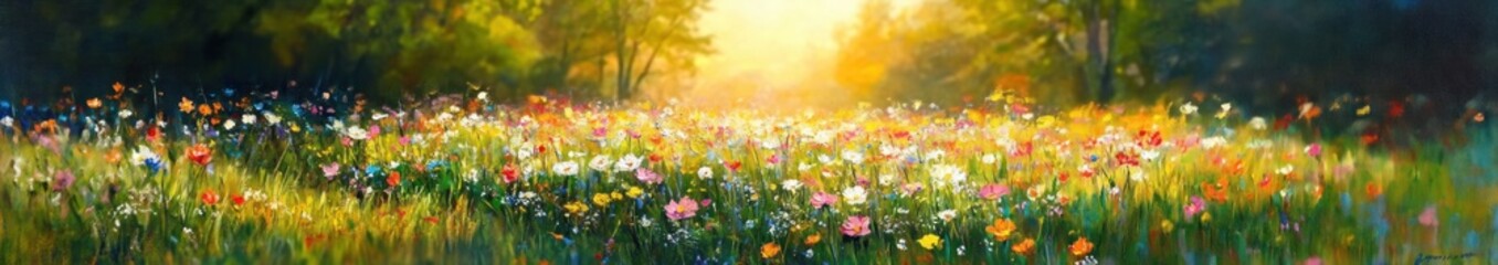 Obraz premium Spring Meadow with White Pink Daisies Yellow Dandelions Sunny Day Wildflowers in Green Grass