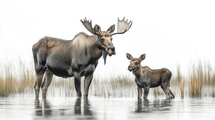 Fototapeta premium Majestic moose and calf wading through serene wetland, surrounded by tall grasses under soft light