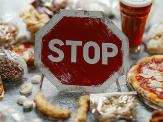 A close-up shot of a large, bold stop sign placed in the center of piles of  junk food.