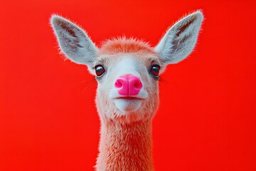 The close - up of a deer's face against a red background.