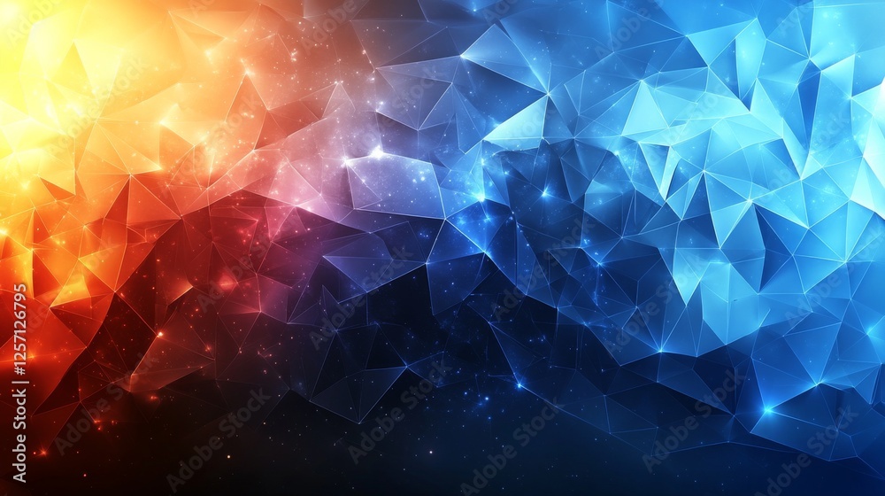 Poster geometric abstract: dynamic polygonal design with fiery orange to cool blue gradient and sparkling a