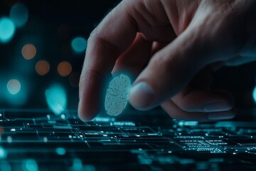 Fintech security automation concept. Hand holding a digital fingerprint above a circuit board interface.