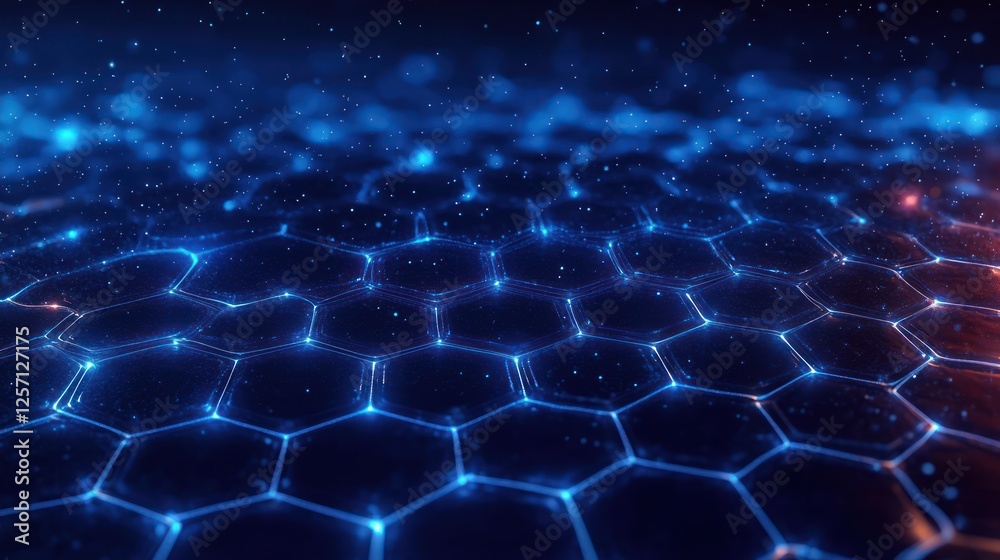 Poster futuristic cybernetic hexagonal grid background glowing with neon blue lights in 3d digital art
