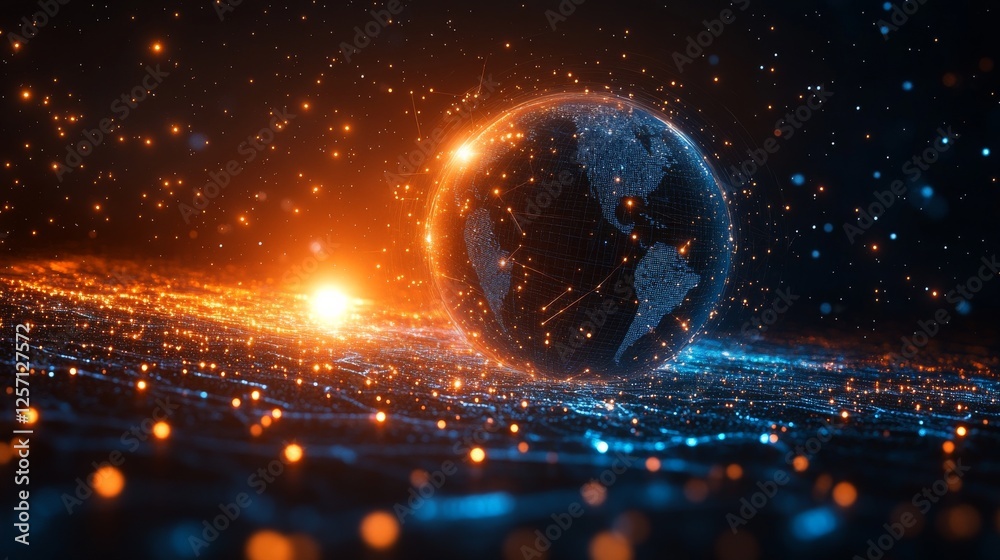 Poster Global Network Connectivity: A Digital Earth with Interconnected Data Flow, Showcasing Futuristic Technology and Communication Infrastructure