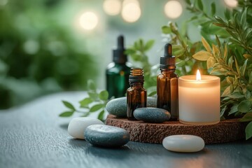 spa beauty treatment items with essential oils massage stones sea salt candle green plant on wooden table