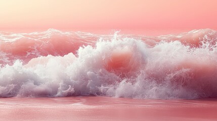 Fototapeta premium Pink ocean waves crashing on beach at sunset, background serene sky, website header