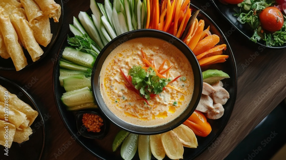 Poster A high-angle view of a beautifully plated Thai dish with a bowl of  in the center, surrounded by an array of dipping vegetables and condiments, creating an inviting and colorful meal.