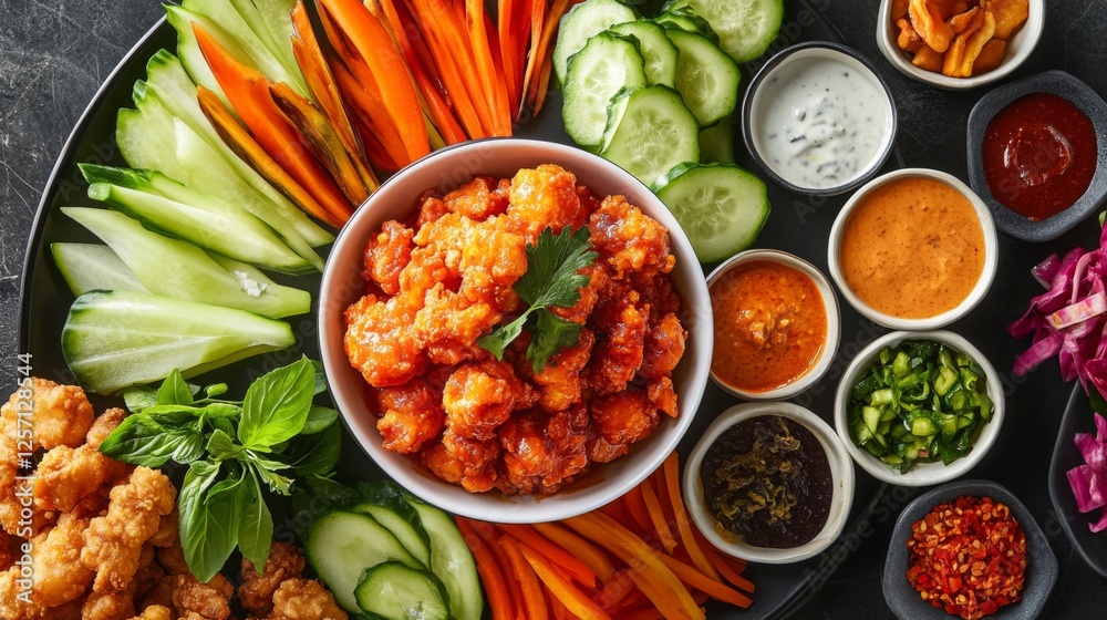 Poster A high-angle view of a beautifully plated Thai dish with a bowl of  in the center, surrounded by an array of dipping vegetables and condiments, creating an inviting and colorful meal.